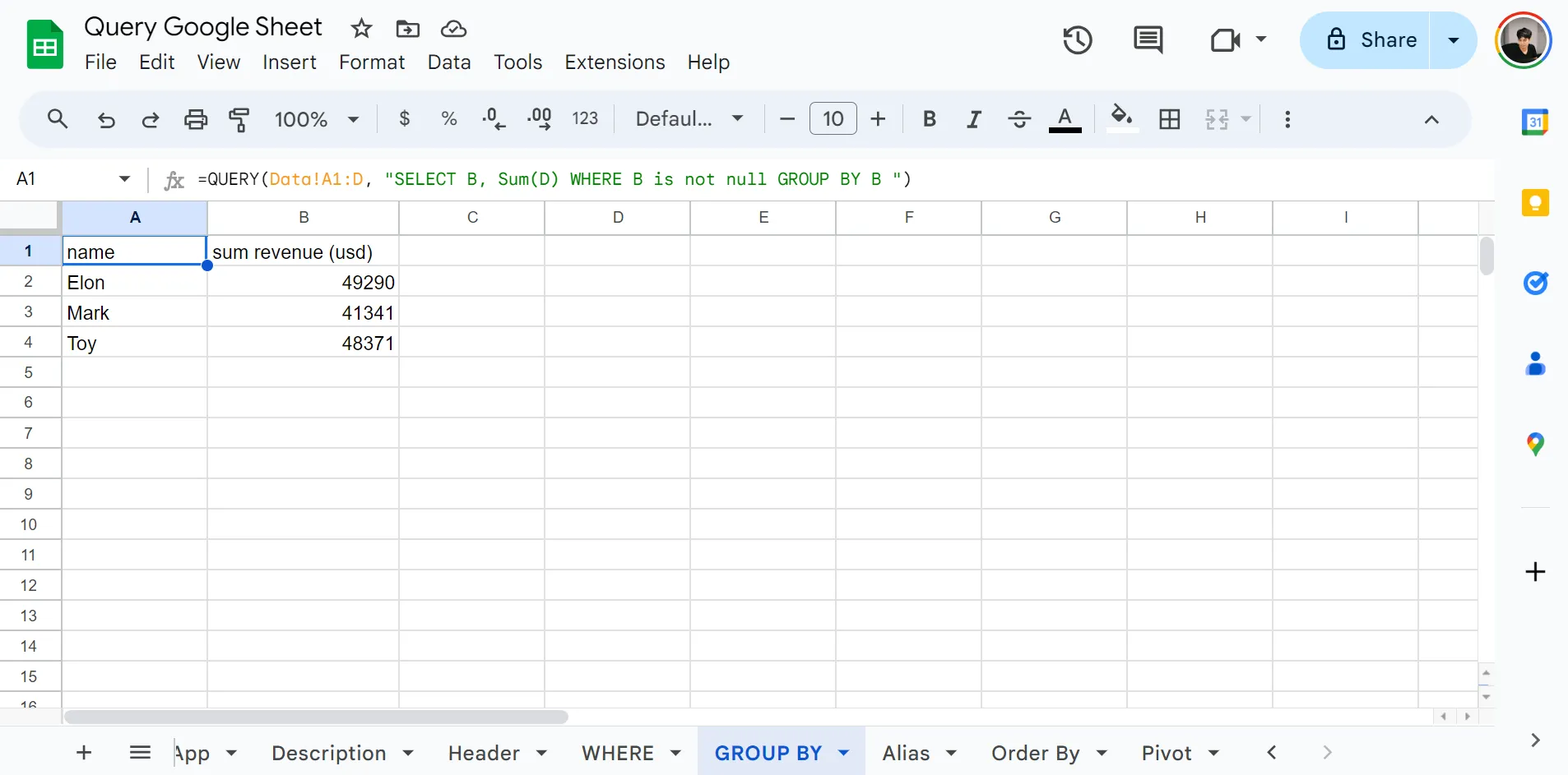 ตัวอย่างคำสั่ง GROUP BY