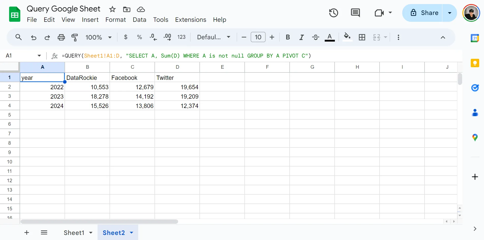 ตัวอย่างคำสั่ง Pivot