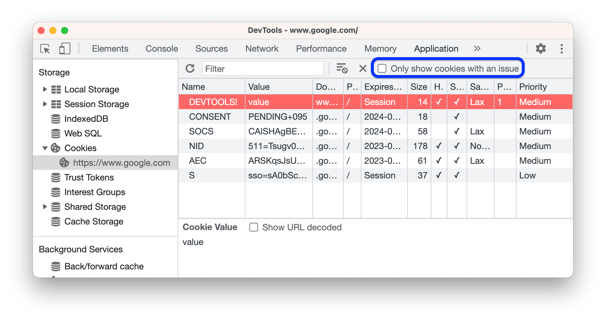 ภาพตัวอย่าง Cookie : Chrome for Developers